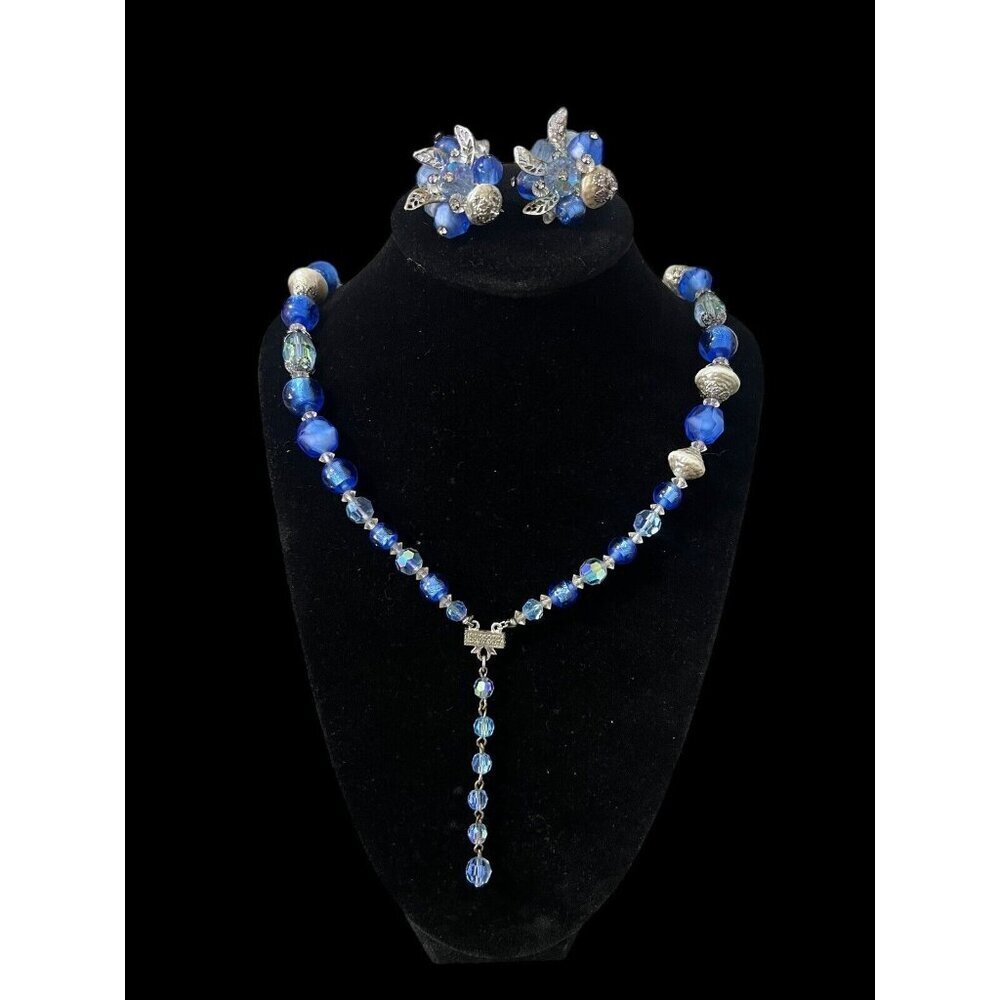 Vendome Aurora Borealis Blue Rhinestone Clip On Earrings and Necklace Set